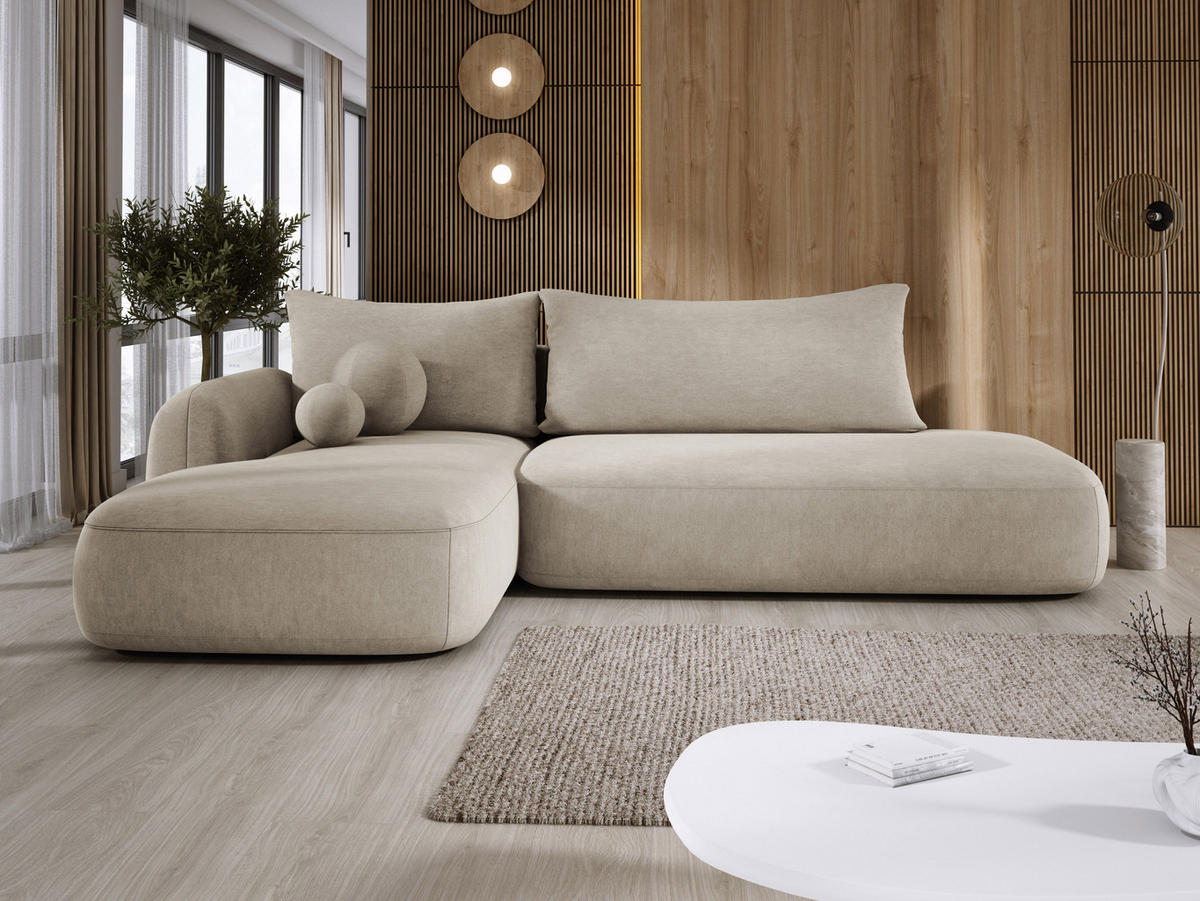 ECKSOFA BABU Mit Bettfunktion – Moderne Polsterecke Für Wohnzimmer Funktionales Schlafsofa Im Stoff CLOUD, 300x105x60cm, Linke, Beige - Ecru, Holz/Textil (190/300cm) - DomoHome