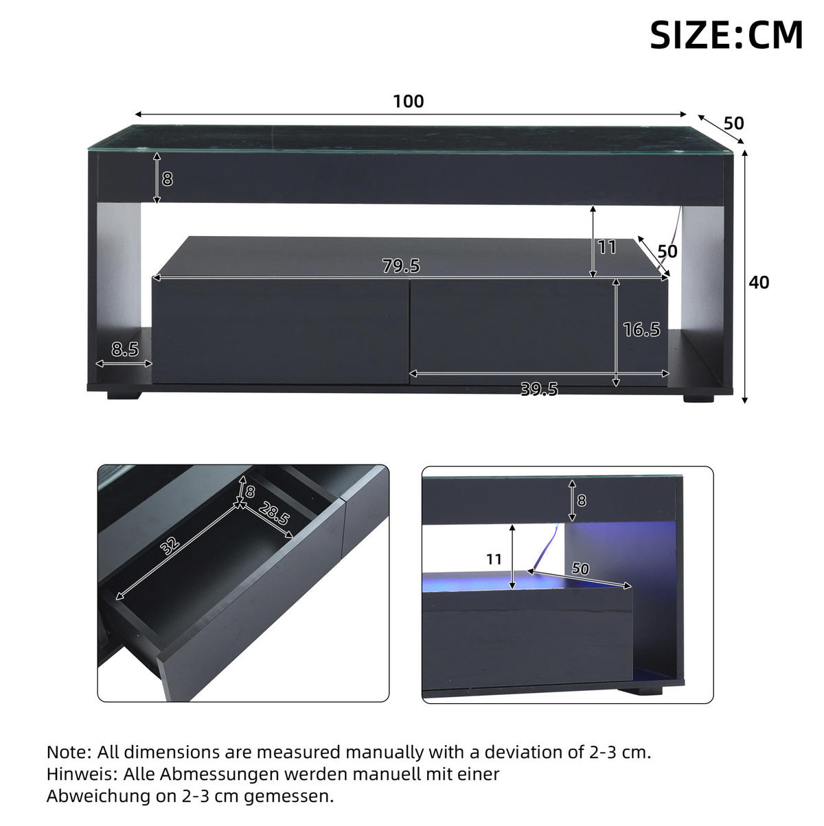 COUCHTISCH aus Spanplatte und Glas 100x50x40 cm Schwarz mit LED-Beleuchtung und 2 Schubladen - Schwarz, Holzwerkstoff (100/50/40cm) - IVMEU
