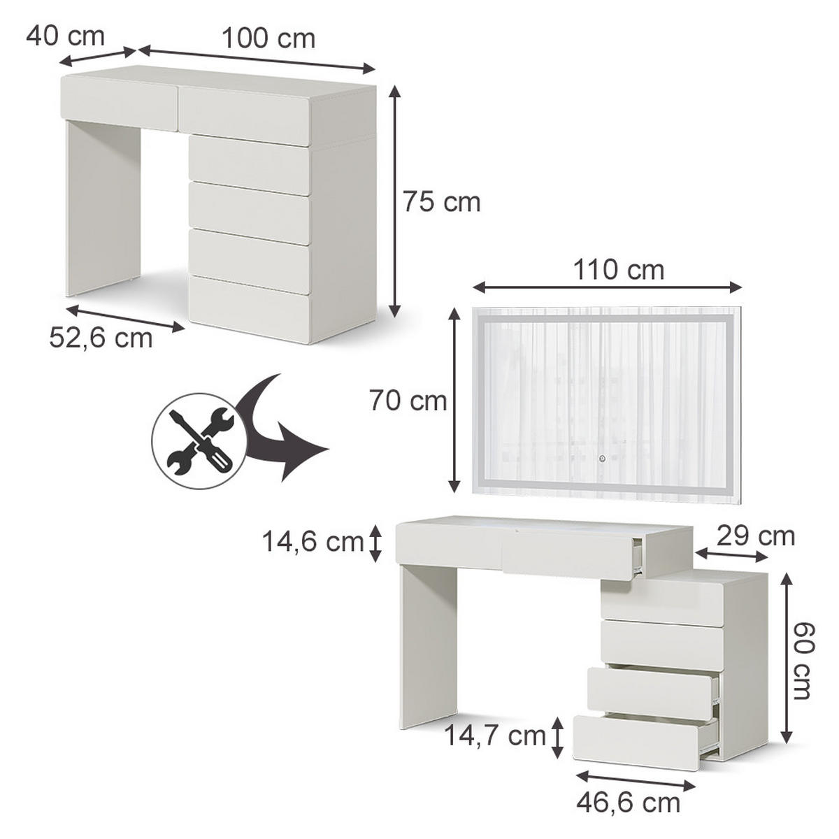 SCHMINKTISCH Alvia, Weiß, 100 cm mit LED-Spiegel - Weiß, Holzwerkstoff (100/75/40cm) - Vicco