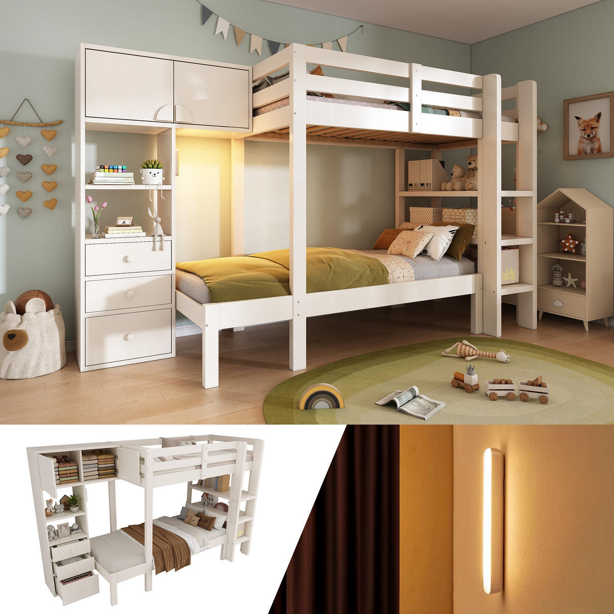 ETAGENBETT 90/200 cm & 90/200 cm in Weiß mit Schrank, 3 Schubladen, Regal und LED - Weiß, Holzwerkstoff (90/200cm) - STILVORA