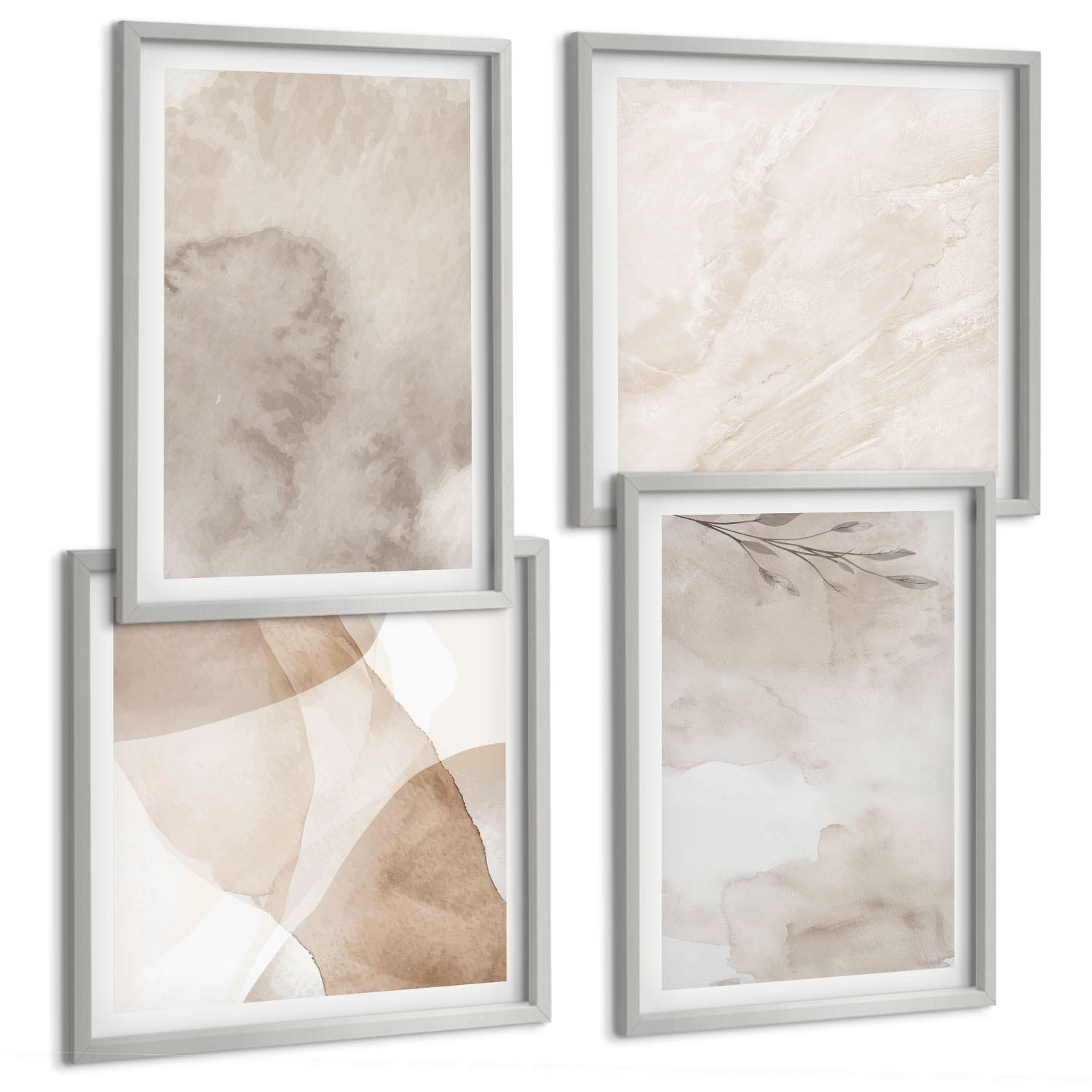 BILDER SET 4er Set - 50x50 cm & 40x60 cm Silberner Rahmen - Aquarellfarben, Boho-Texturen - Silberfarben, Kunststoff (50/50cm) - TULUP