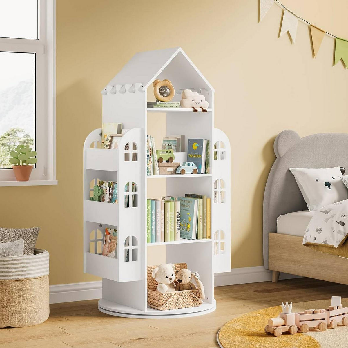 KINDERREGAL mit 4 Ebenen, drehbar, Hausform, Weiß - Weiß, Holzwerkstoff (63/125.5/59cm) - Woltu