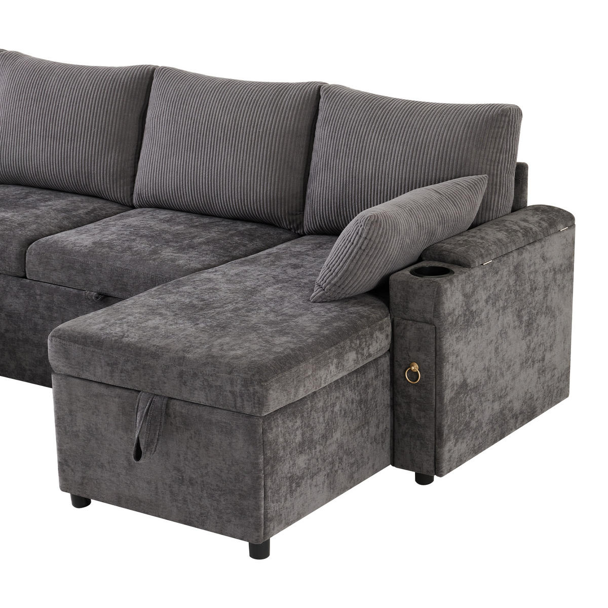 WOHNLANDSCHAFT 5-Sitzer Cord Dunkelgrau mit Schlaffunktion, Stauraum und Getränkehaltern - Grau, Holzwerkstoff/Kunststoff (272/84/131cm) - WISHDOR