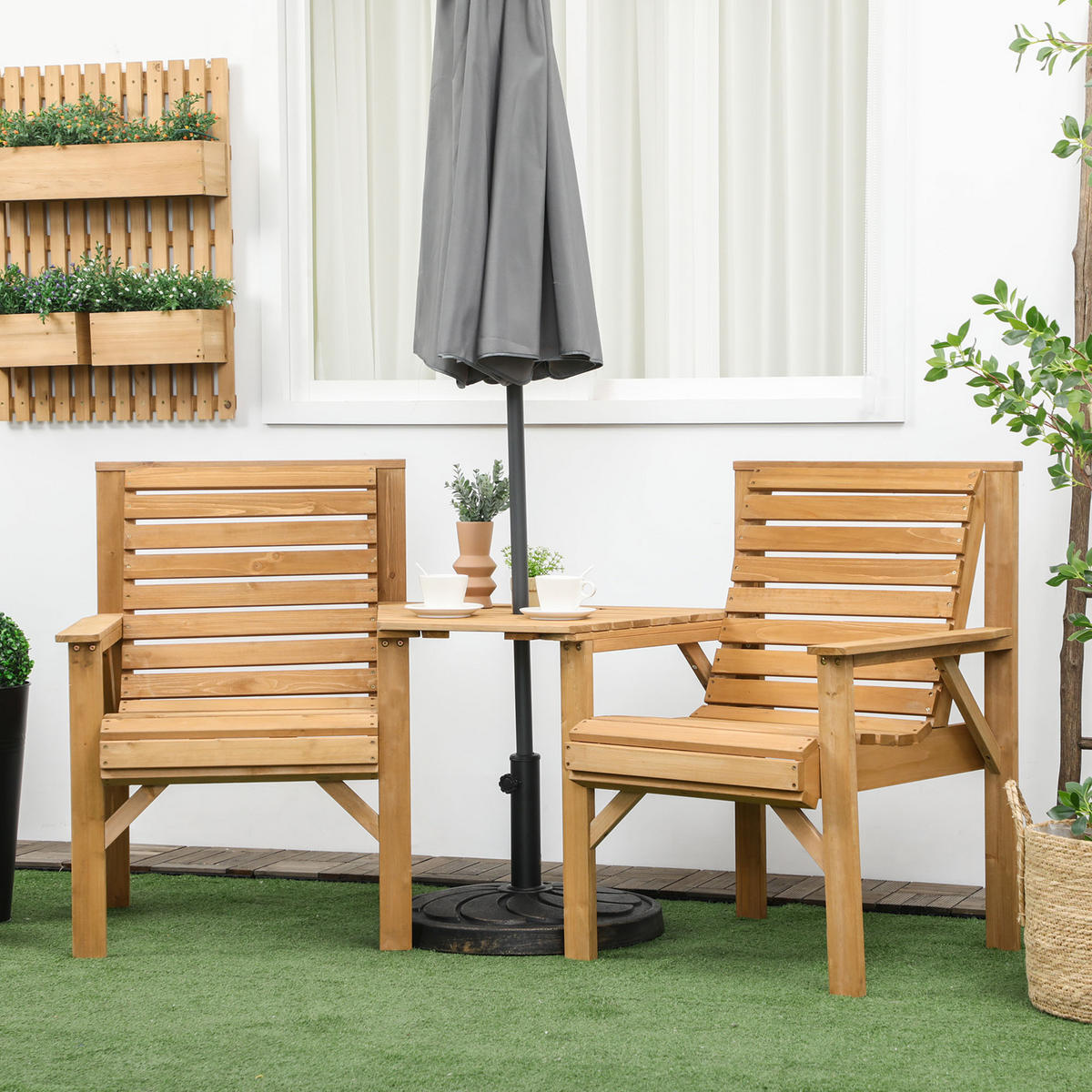 BISTRO-SET DE-07338 aus Holz mit Lamellendesign und Sonnenschirmloch Braun - Braun, Holz - ComfortXL