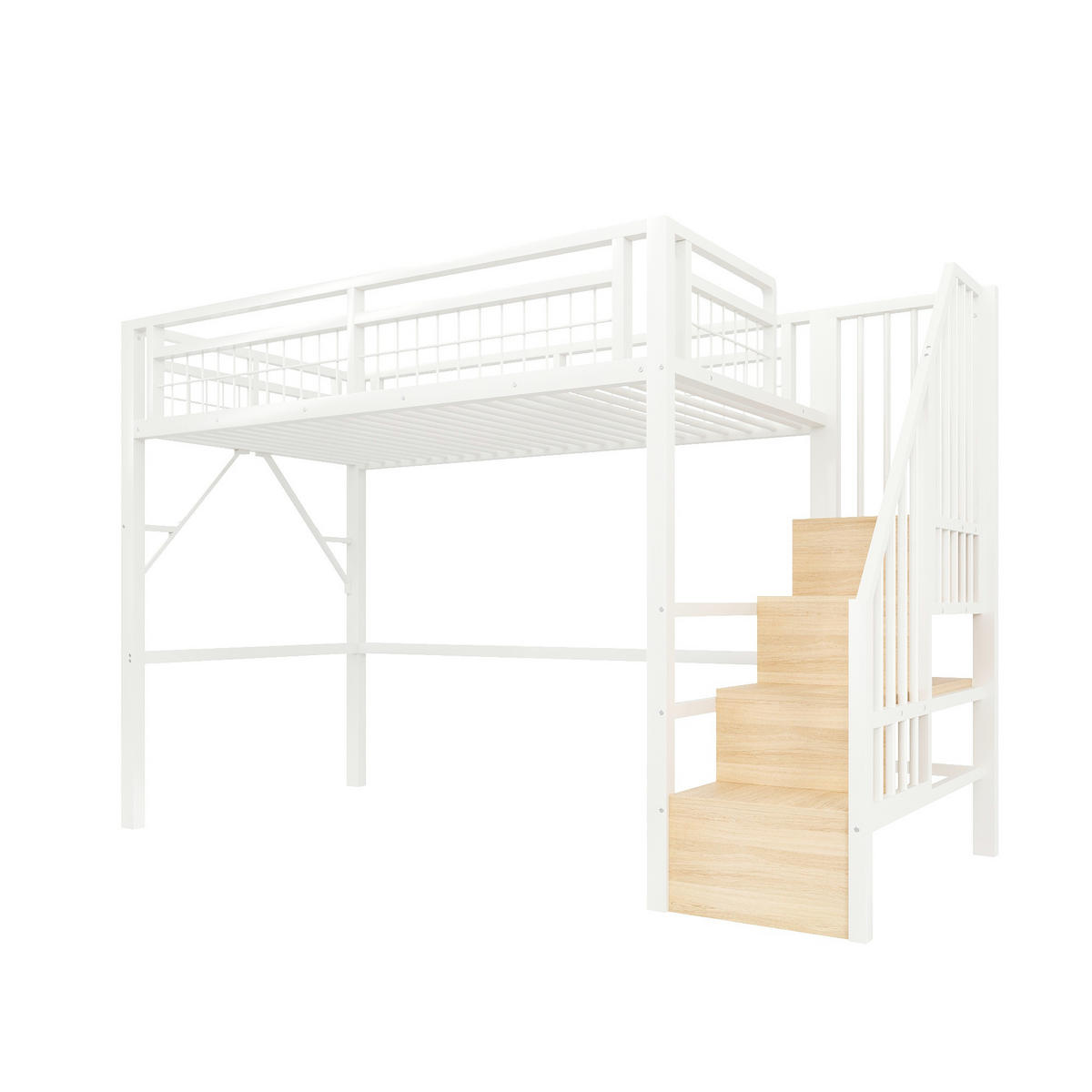 HOCHBETT 90/200 cm in Weiß mit Stauraumtreppe und LED - Weiß, Holzwerkstoff/Metall (90/200cm) - STILVORA