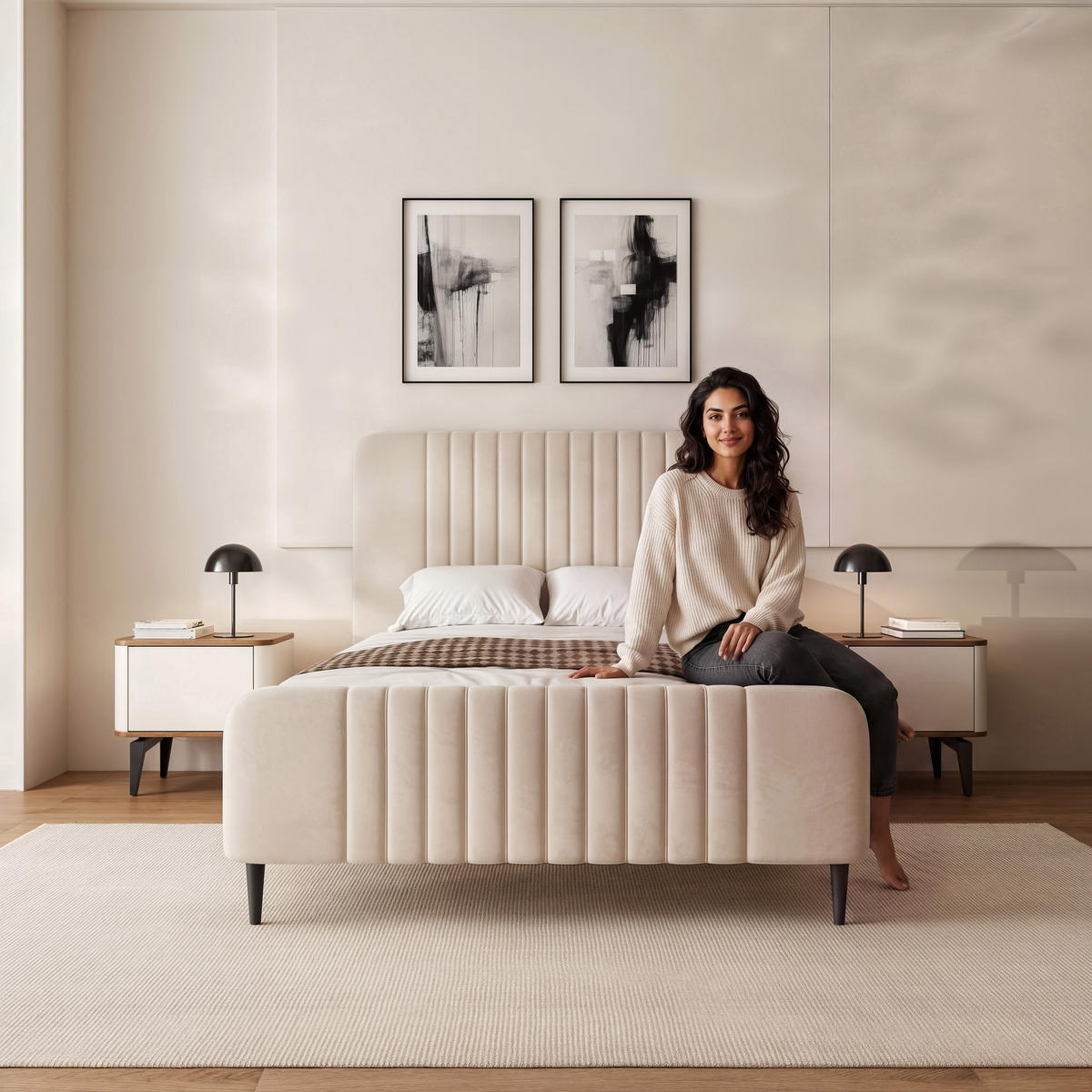 POLSTERBETT BELLAGIO 140/200 cm auf Füßen, ohne Bettkasten, Beige - Beige, Textil/Metall (140/200cm) - Idohome