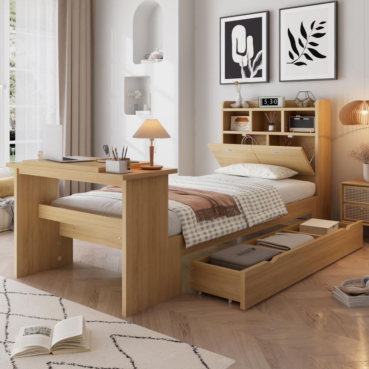 JUGENDBETT 90/200 cm in Natur mit Stauraum, Klapptisch und Kopfteilregal - Naturfarben, Holzwerkstoff - STILVORA