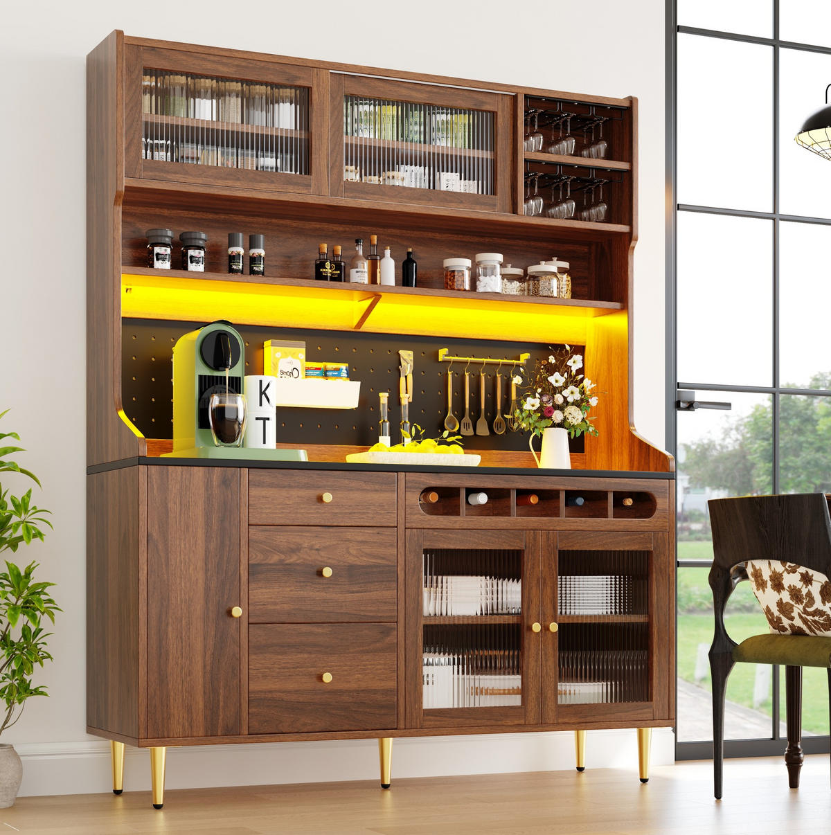 BUFFET 145/39/171 cm aus MDF und Glas mit LED-Beleuchtung und Weinregal Walnussfarben - Walnussfarben, Holzwerkstoff (145/171/39cm) - Modenvie