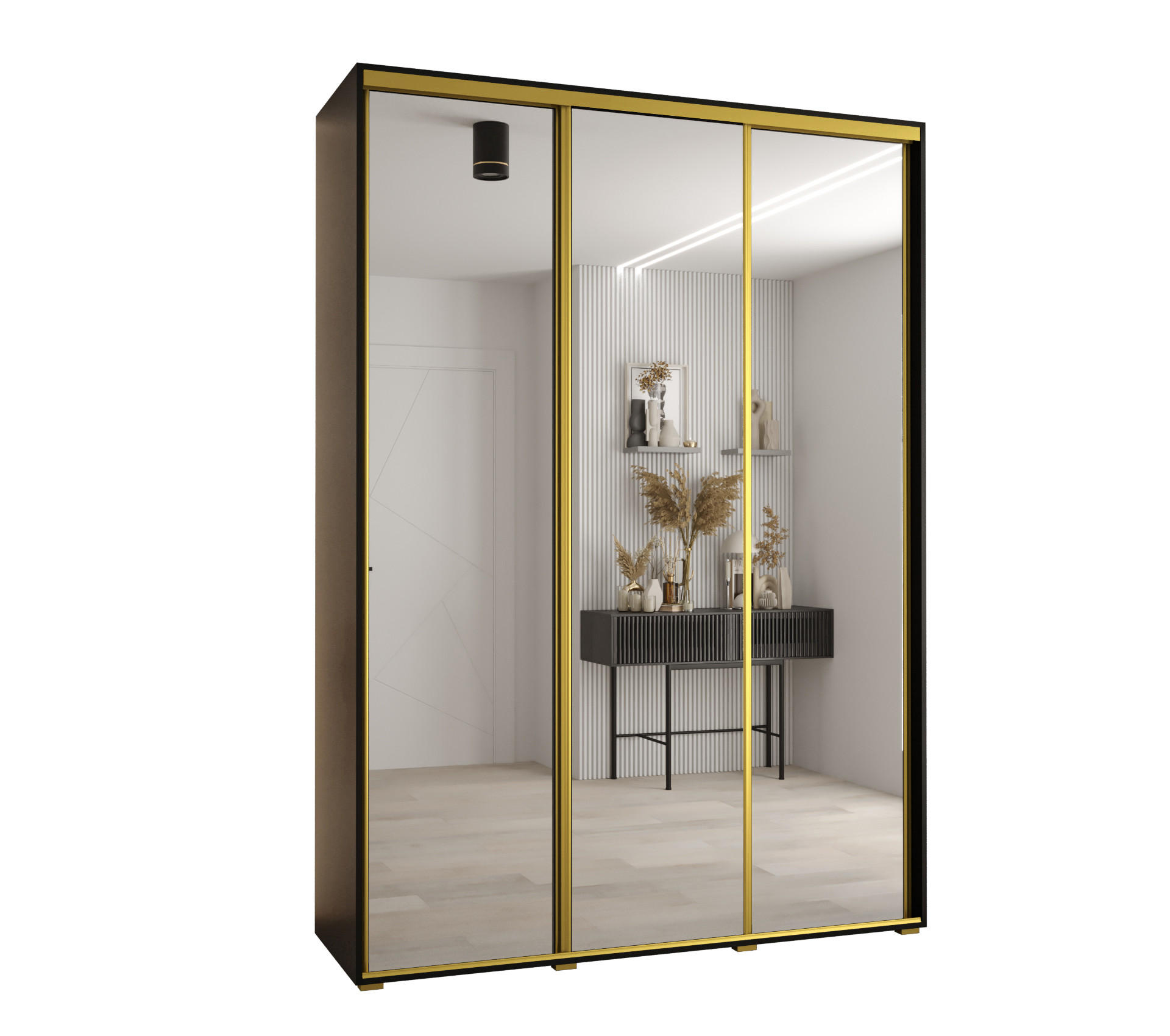 Abiks Möbel Schwebetürenschrank Schwarz, Schwarz, Gold 180x235x60 cm