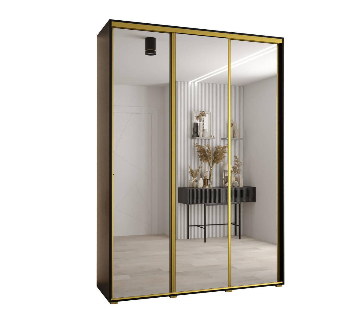 SCHWEBETÜRENSCHRANK 235,2/180/60 3-türig - Goldfarben/Schwarz, Holz/Metall (180/235/60cm) - Abiks Möbel