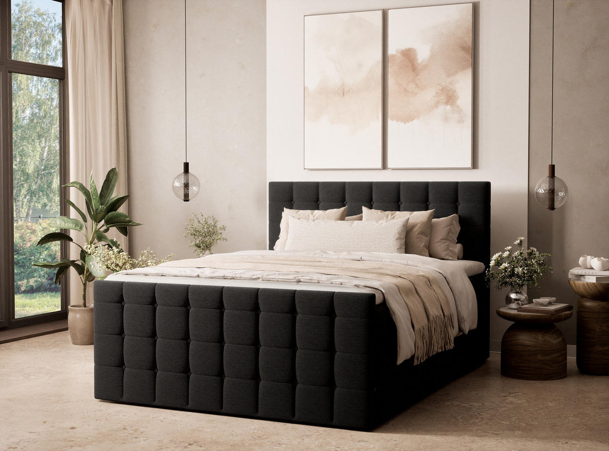 BOXSPRINGBETT Tasca 140/200 cm, in Schwarz, Bettkasten, Matratze, Topper - Schwarz, Holz/Holzwerkstoff (140/200cm) - Maison de Reve