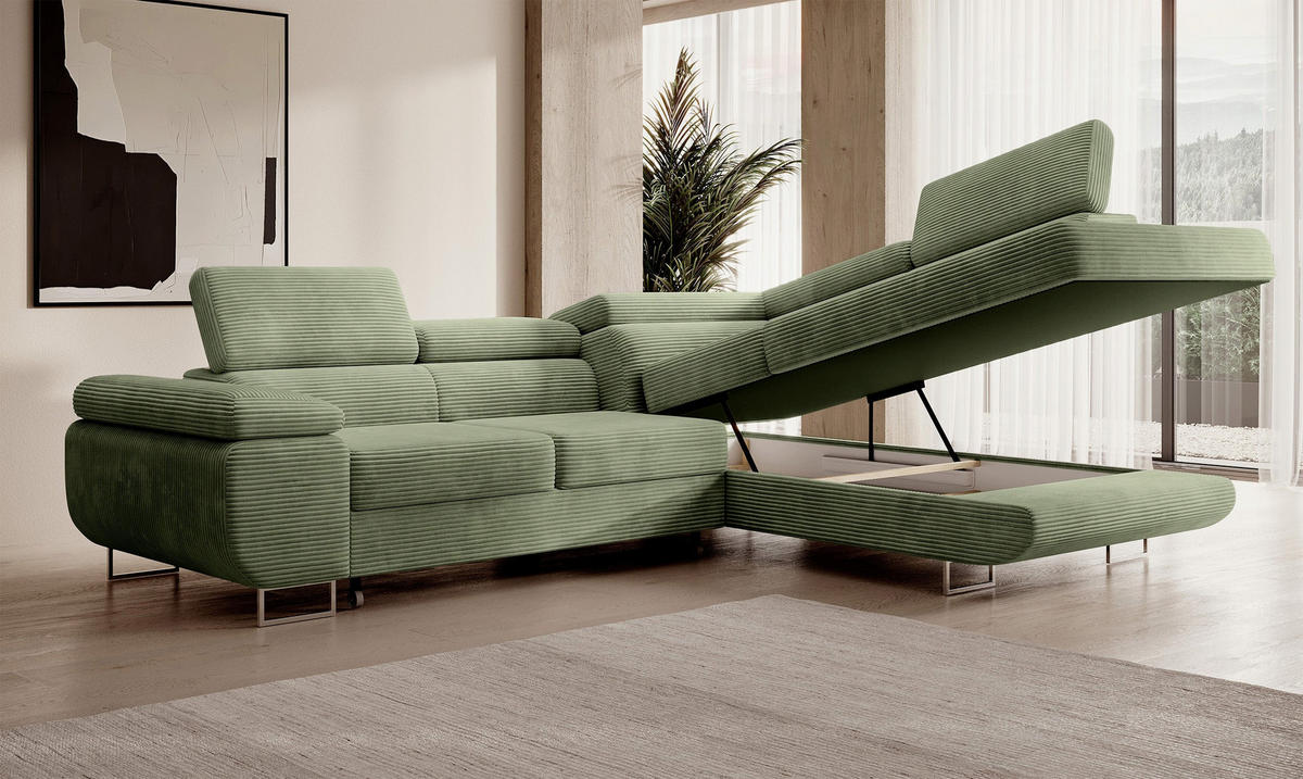 ECKSOFA Stevil Salbeigrün Cordbezug - Salbeigrün/Silberfarben, Textil/Metall (275/203cm) - Selsey