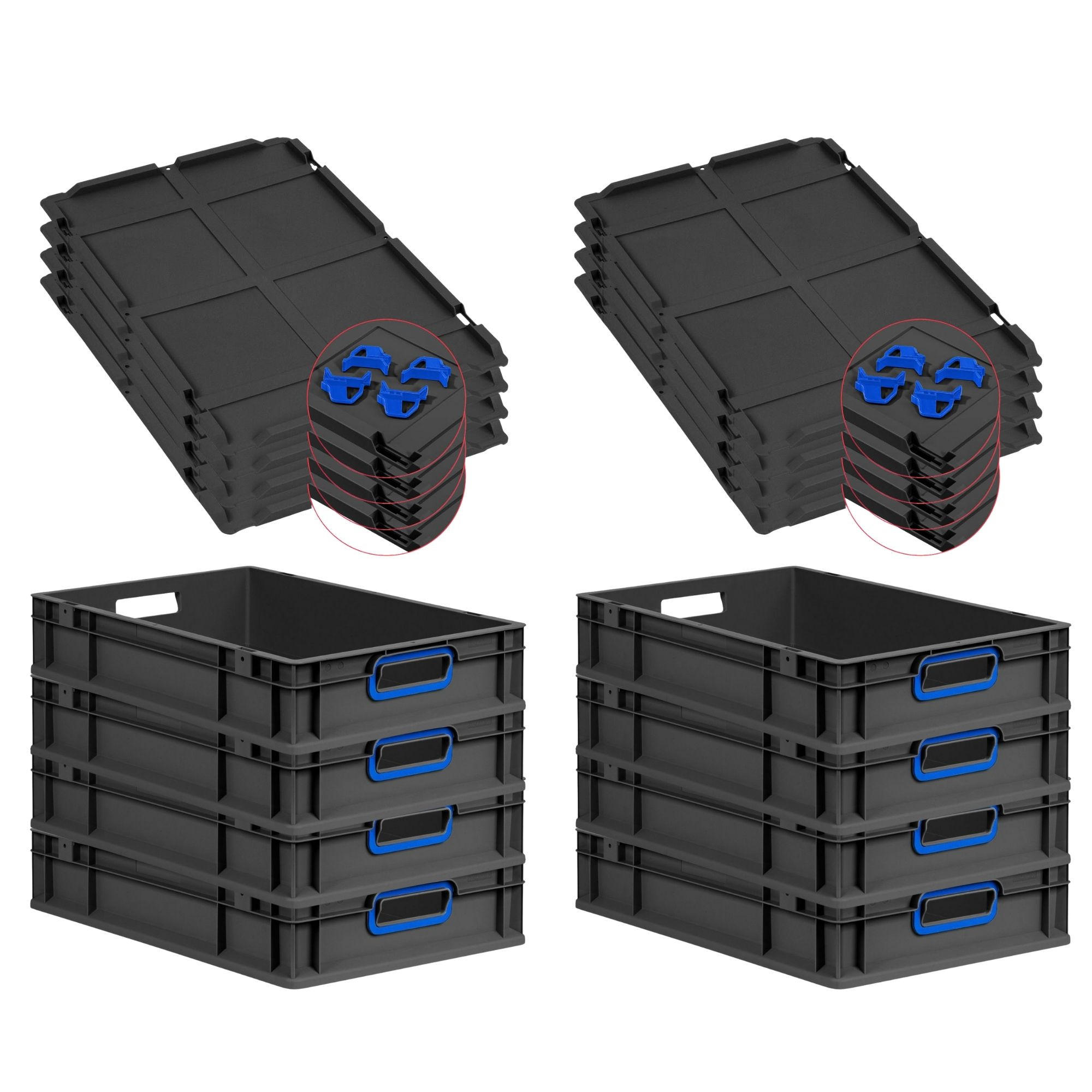 EUROBOX 8x NextGen Color mit Auflagedeckel 12x40x60 cm 23 Liter Schwarz Griffe blau offen - Blau/Schwarz, Kunststoff (40/12/60cm) - PROREGAL
