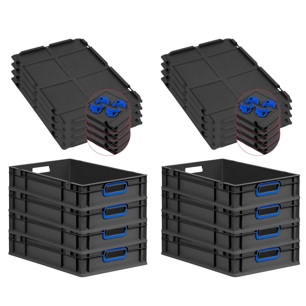 EUROBOX 8x NextGen Color mit Auflagedeckel 12x40x60 cm 23 Liter Schwarz Griffe blau offen - Blau/Schwarz, Kunststoff (40/12/60cm) - PROREGAL