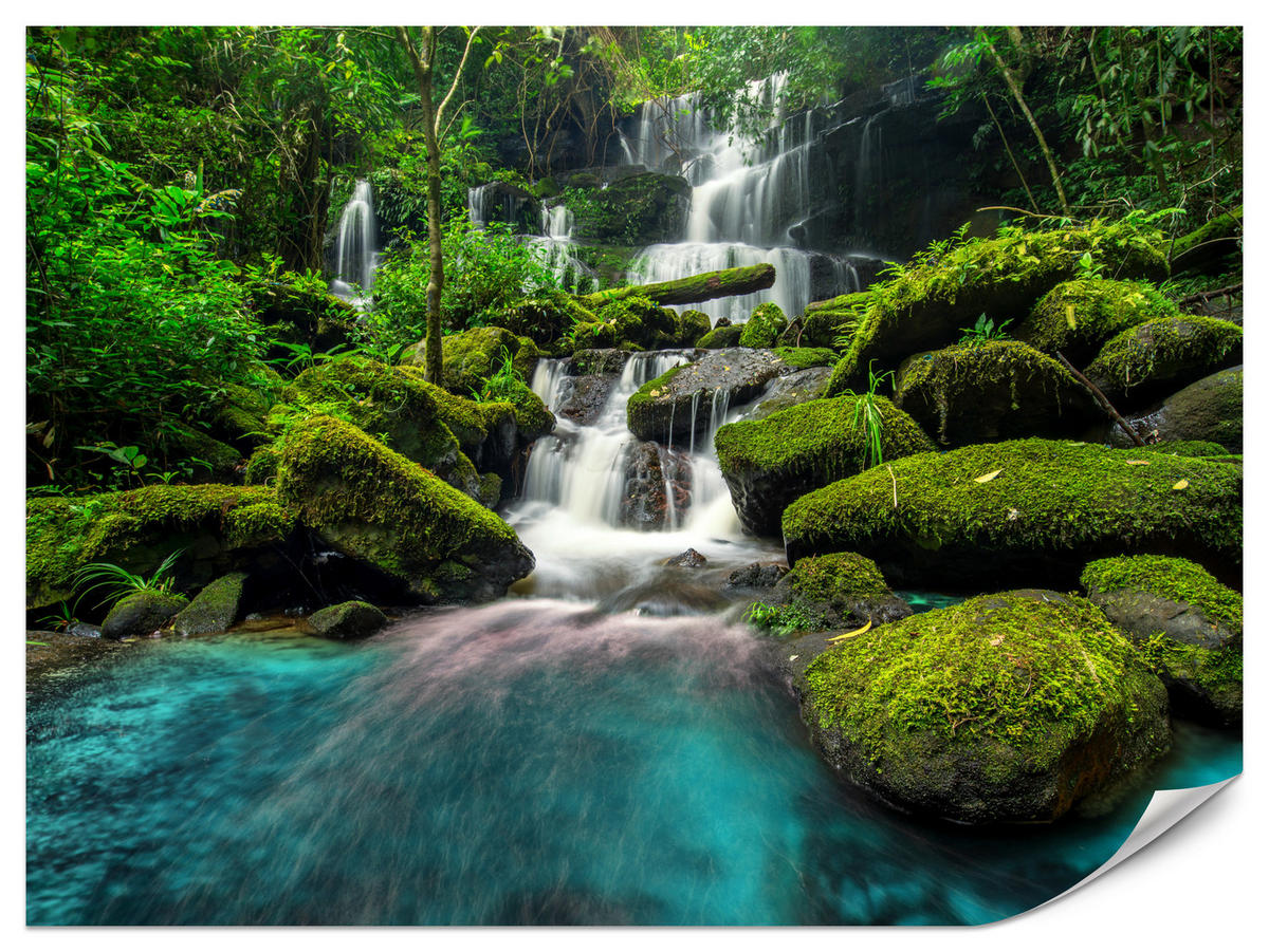 FOTOTAPETA Pre Kuchyňu Vodopád Džungľa Stromy Kamene Tropická 500 x 350 cm - modrá/sivá, papier (500/350cm) - Muralo