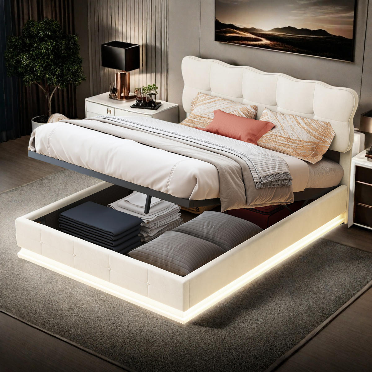 ČALOUNĚNÁ postel 140x190 cm béžová sametová LED plynová výsuvná skříňka - béžová, dřevo (140/190cm) - SHOPENTRA