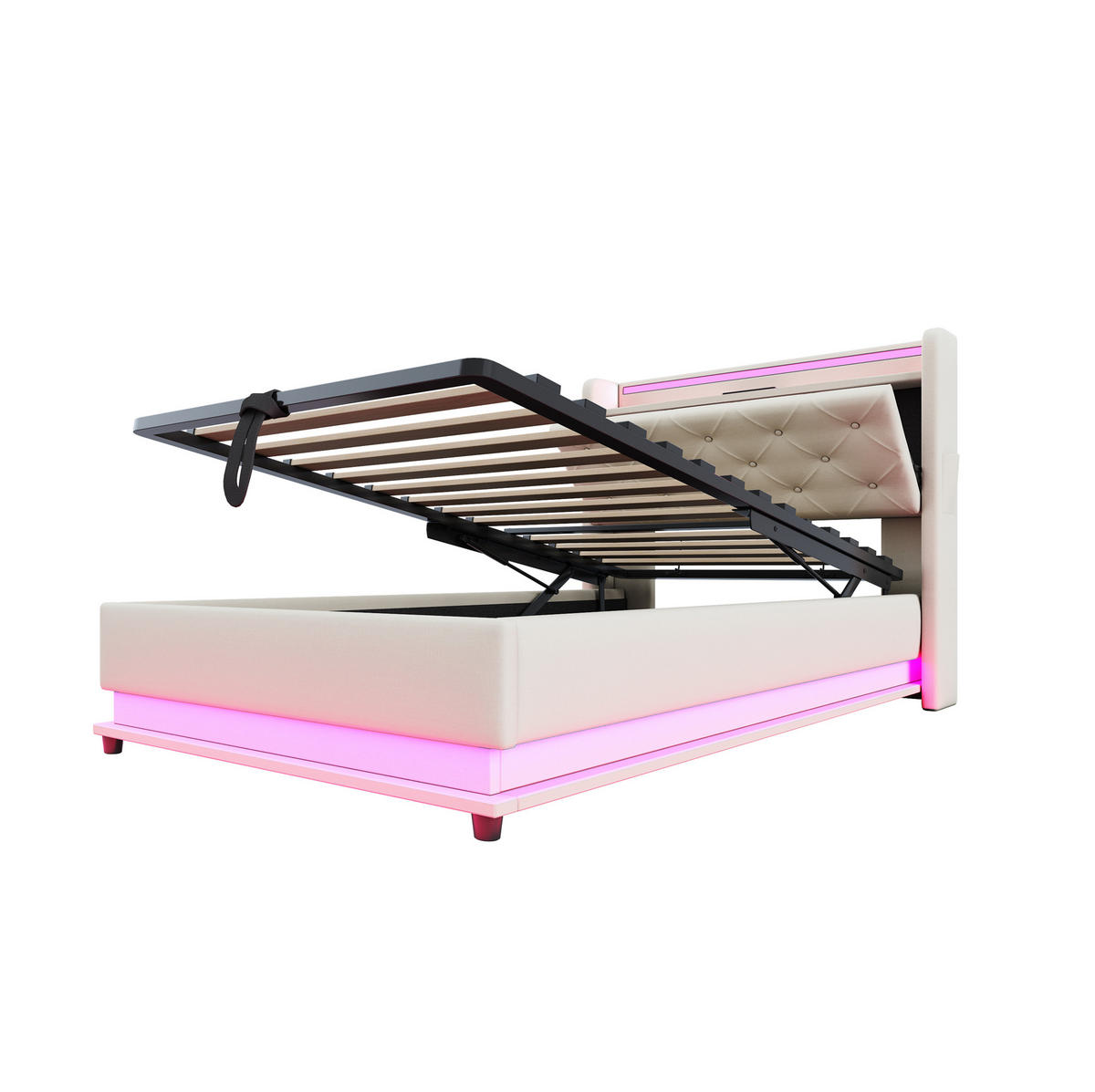 KINDERBETT 90/200 cm mit LED-Beleuchtung, USB und hydraulischem Stauraum, Beige - Beige, Textil (90/200cm) - Redom