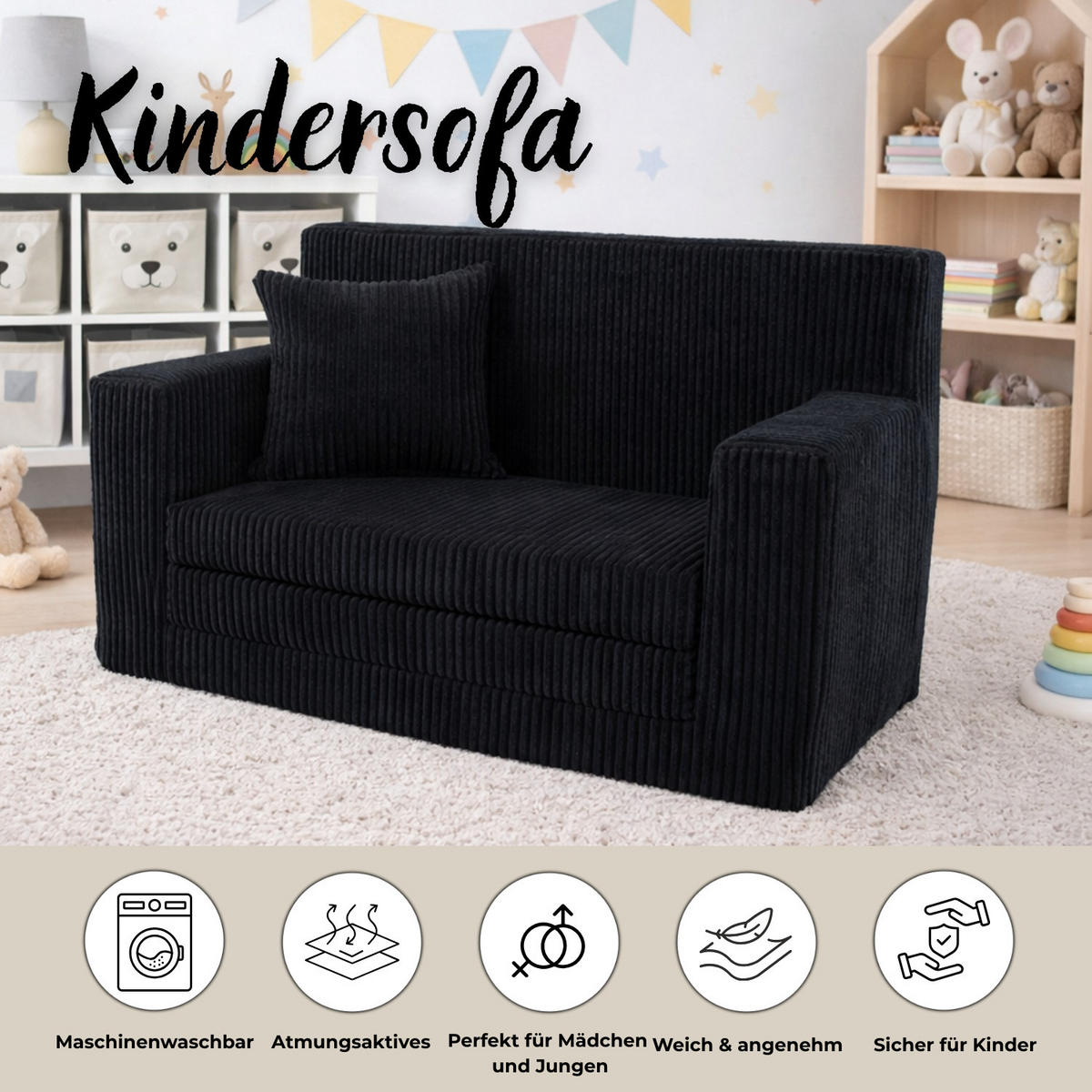 KINDERSOFA aus Kuschel-Cord in Schwarz - Schwarz, Textil (83/47/43cm) - Fortisline