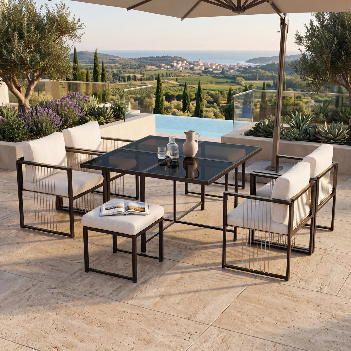 GARTEN-ESSGRUPPE 7-tlg. für 6 Personen 117x117 cm Schwarz/Weiß - Beige, Metall - Beauniv