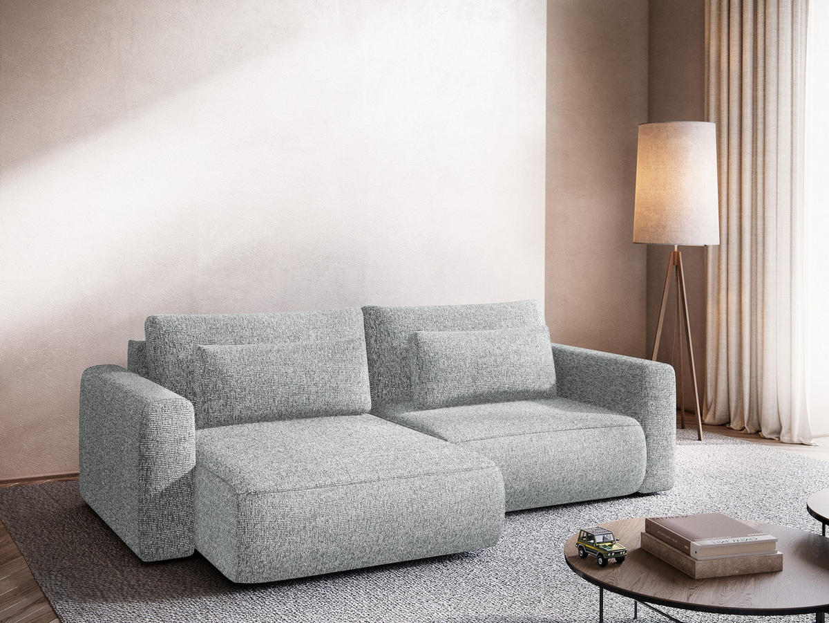 ECKSOFA mit Schlaffunktion Strukturstoff Stoff Grau - Silberfarben/Schwarz, Kunststoff/Textil (149/240cm) - Makamii