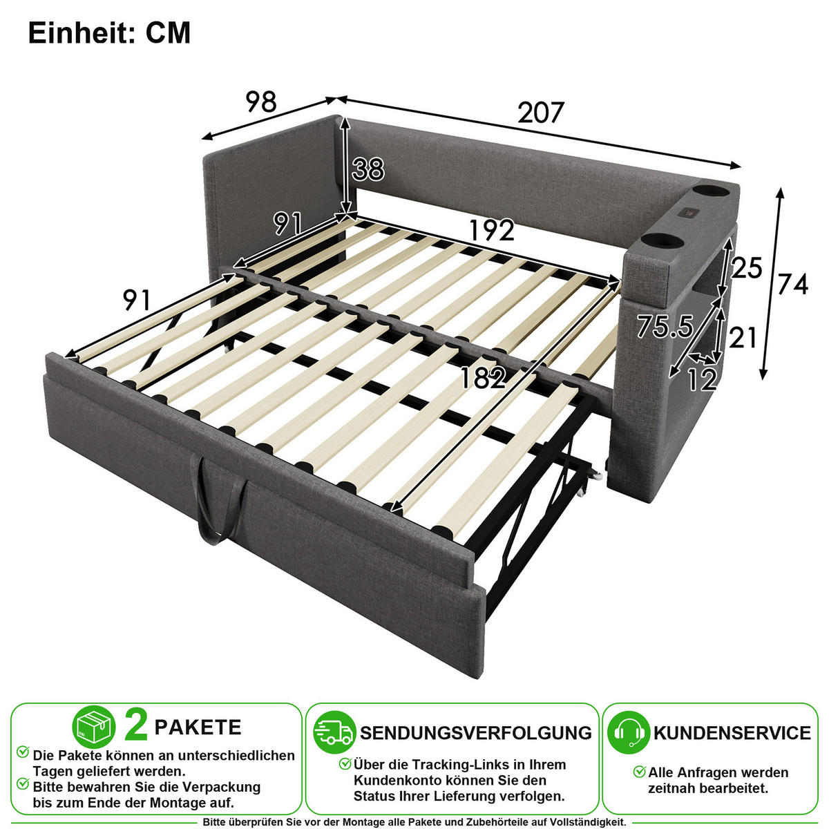 ROZKLÁDACÍ POHOVKA 90/190 cm v šedé barvě s výsuvným lůžkem, USB a Type-C - šedá, kov/kompozitní dřevo (90/190cm) - CHICFURN