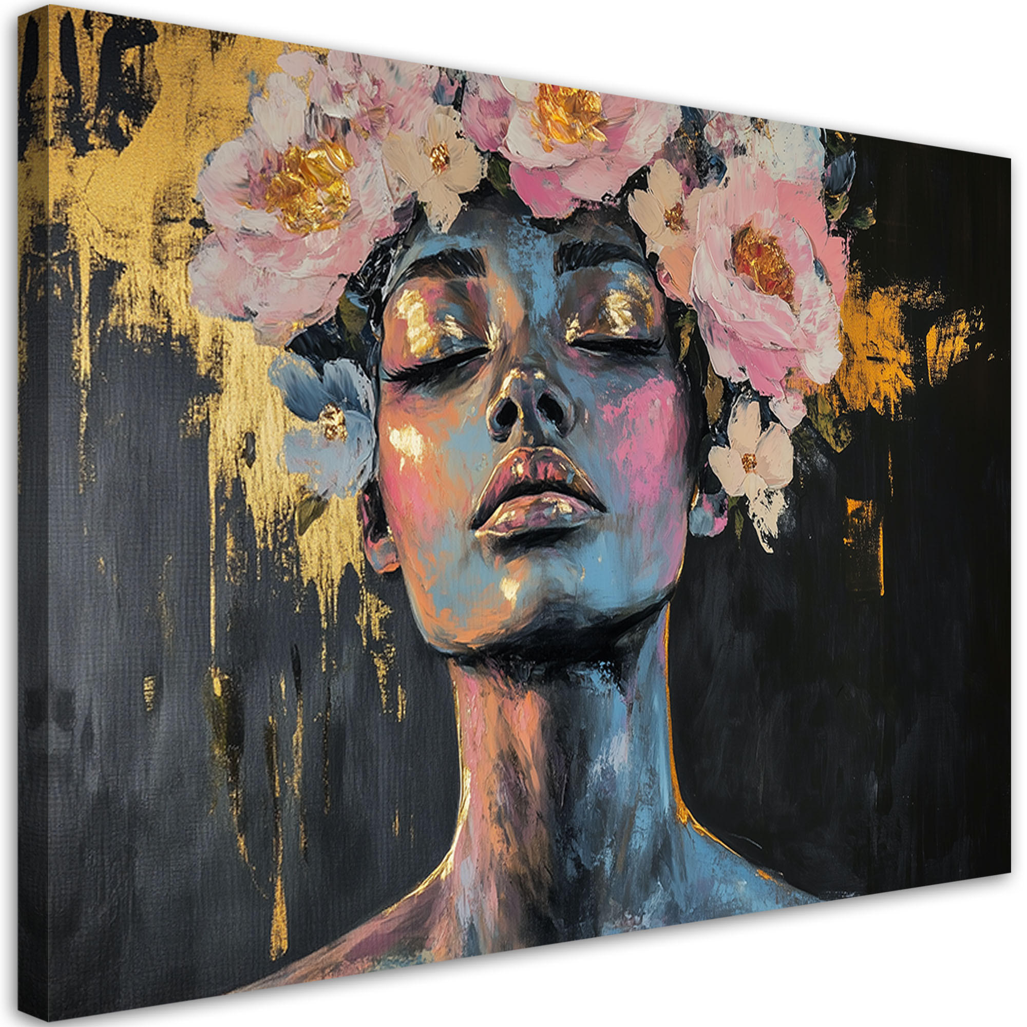 WANDBILD abstraktes porträt einer frau mit blumen - Multicolor, Textil (100/70cm) - Feeby