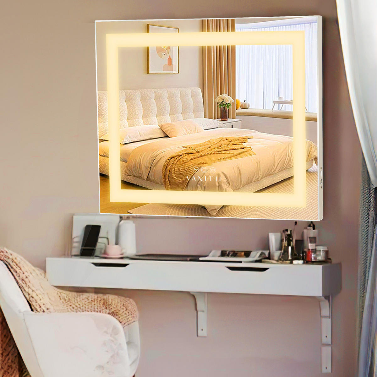 SCHMINKSPIEGEL mit LED Lichtleiste weiß 58/46 cm - Weiß, Metall (58/46/3cm) - VANITII