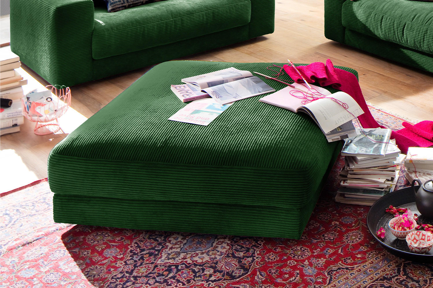 Thumbnail - Kawola Big, Dunkelgrün, Textil, Rechteckig, 120x43x120 cm, Wohnzimmer, Hocker, Sitzhocker