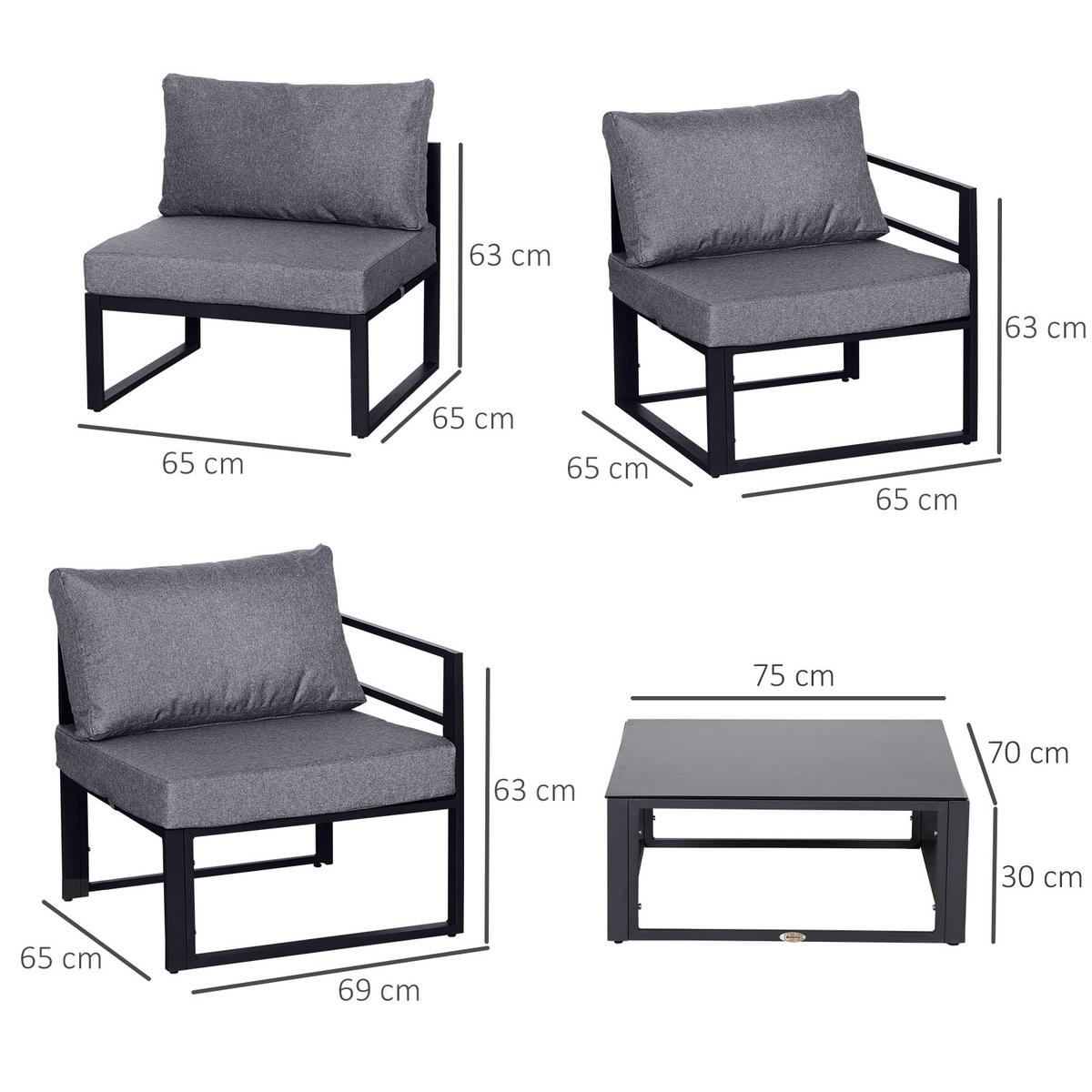 GARTENMÖBEL Set, Alu, Polyester, Grau - Grau, Glas/Kunststoff - Outsunny