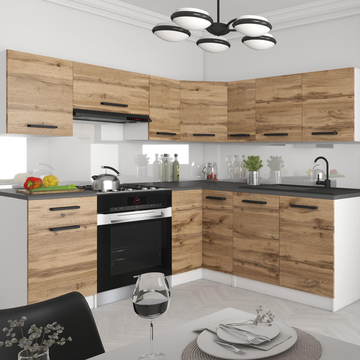 KÜCHENZEILE Italia 6 360 cm, mit Arbeitsplatten, Goldbraun - Braun, Holz (360/143/60cm) - B BELINI GROUP