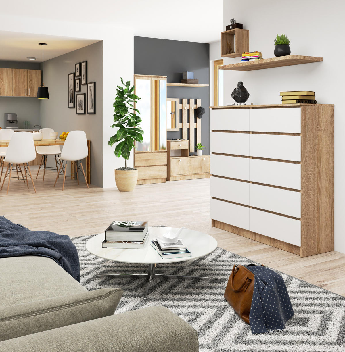 KOMMODE Eiche Sonoma, Weiß 121/120/40 - Weiß, Holzwerkstoff (120/121/40cm) - RAUMHIRSCH FURNITURE