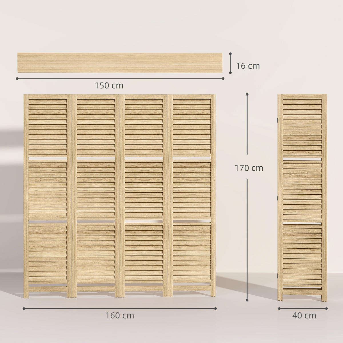 PARAVENT DE-14258 4-teilig, klappbar, mit 3 Regalböden Natur - Naturfarben, Holz (160/160/1.9cm) - ComfortXL