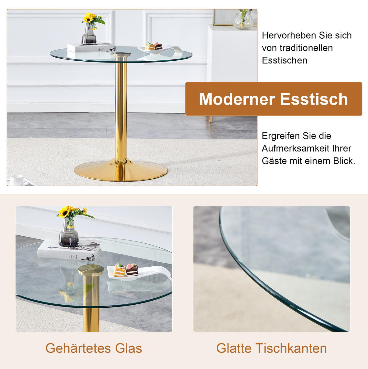 ESSZIMMER-SET mit Glastisch 5-tlg. 85 cm Schwarz/Gold - Schwarz, Metall (85/76/85cm) - Meubliv