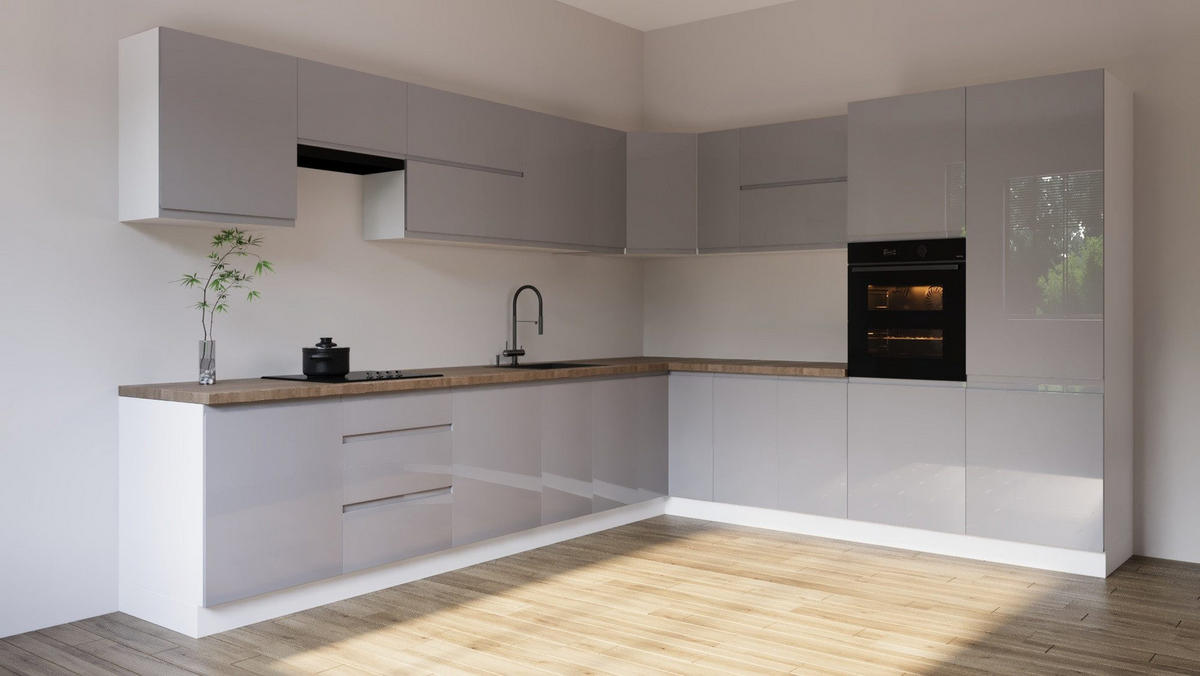 ECKKÜCHE 350 x 290 cm – Velmora K92-G350 – in Grau / Hochglanz - Grau, Holz (350/212/58cm) - ROYAL24_MARKT