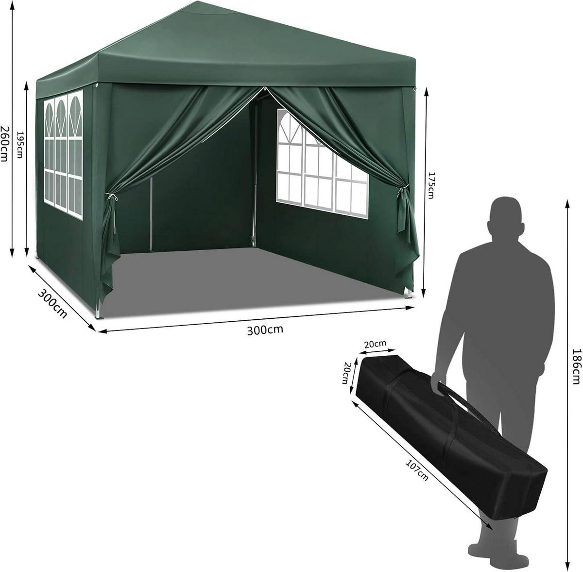PAVILLON Pop-Up wasserdichter Faltpavillon, aus Oxford Metallrahmen 3 x 3 m - Grün, Metall (300/300/260cm) - Woltu