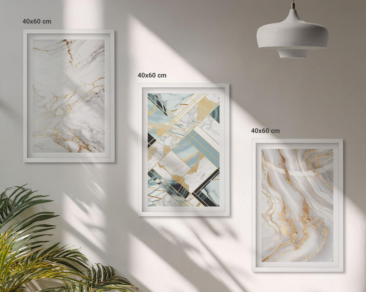 BILDER SET 3er Set - 40x60 cm Weißer Rahmen - Elegante Marmormuster - Weiß, Kunststoff (40/60cm) - TULUP
