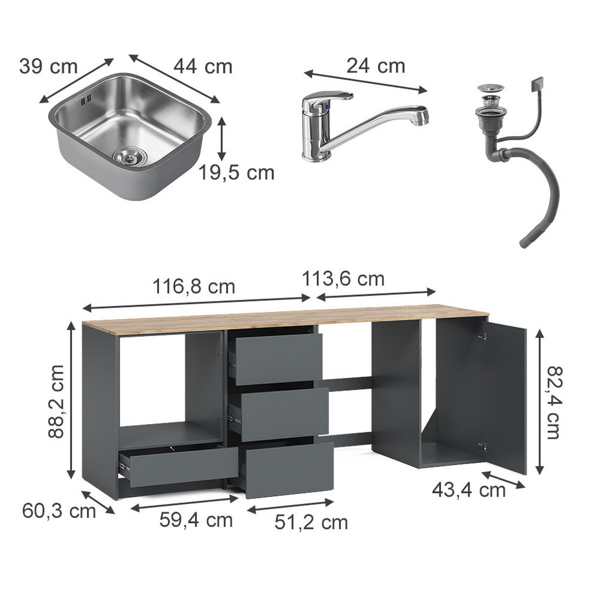 MINIKÜCHE Viktor, Anthrazit/Goldkraft Eiche, mit Spüle & Armatur - Honigeiche/Anthrazit, Holzwerkstoff (230.4/88.2/60.3cm) - Vicco