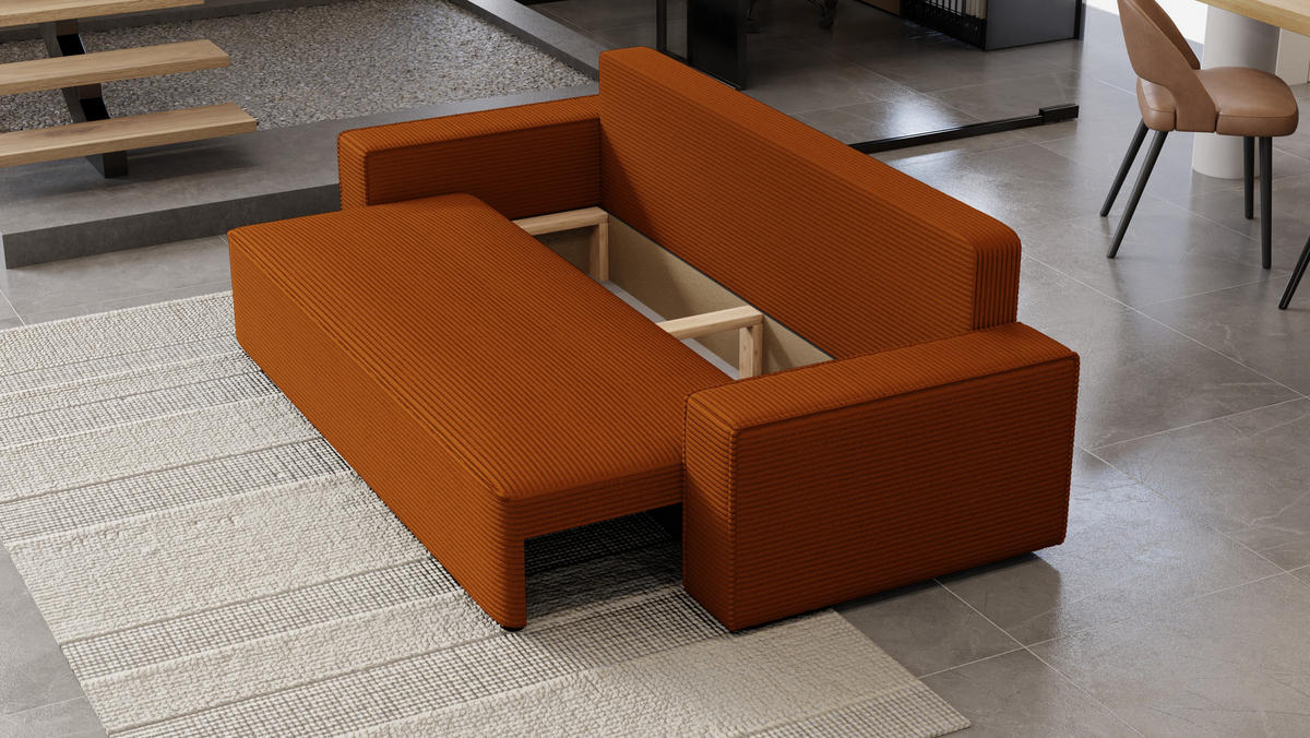 SOFA Vens mit Bettkasten und Schlaffunktion, Cordstoff - Rostfarben, Holzwerkstoff (242/85/95cm)