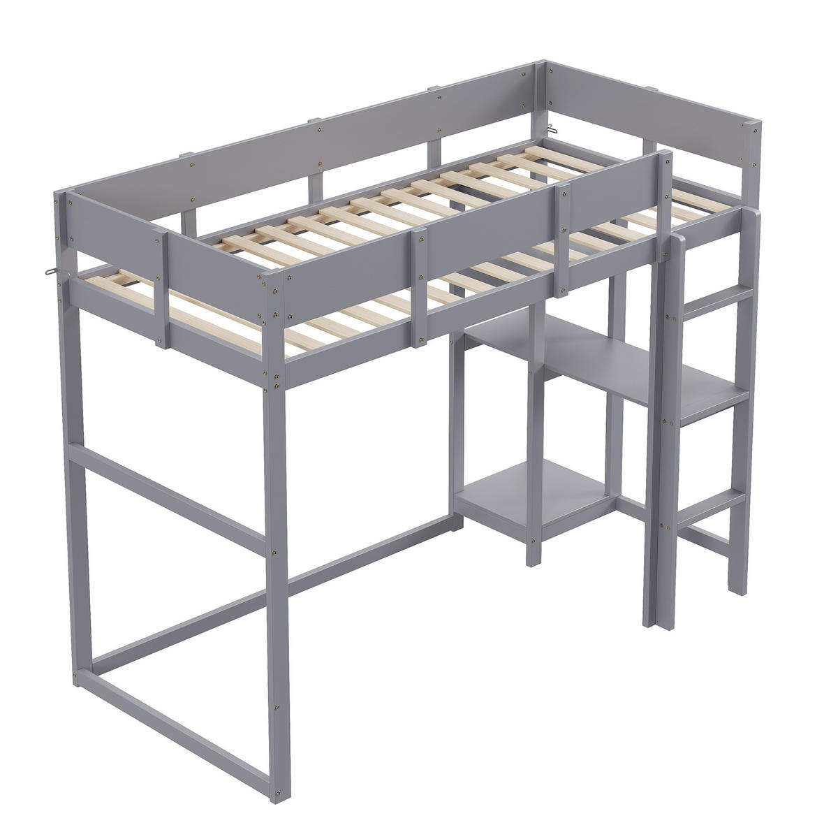 VISOKA postelja 90/200 cm siva z odlagalnim regalom iz masivnega lesa - siva, leseni material (90/200cm) - OKWISH