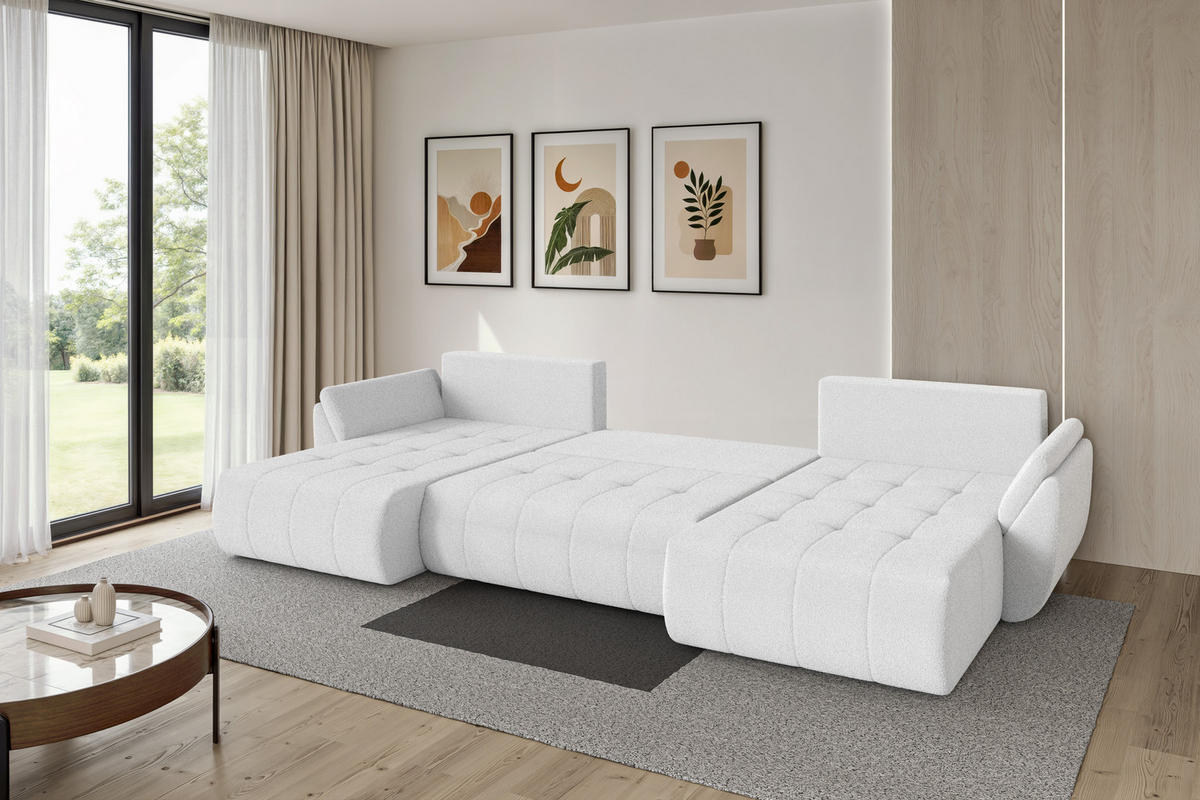 SEDACÍ SOUPRAVA DO U s funkcí spaní a úložným prostorem TOKO-U 378x194x86 bílá bouclé - bílá/černá, kompozitní dřevo/textil (378/86/194cm) - ALTDECOR