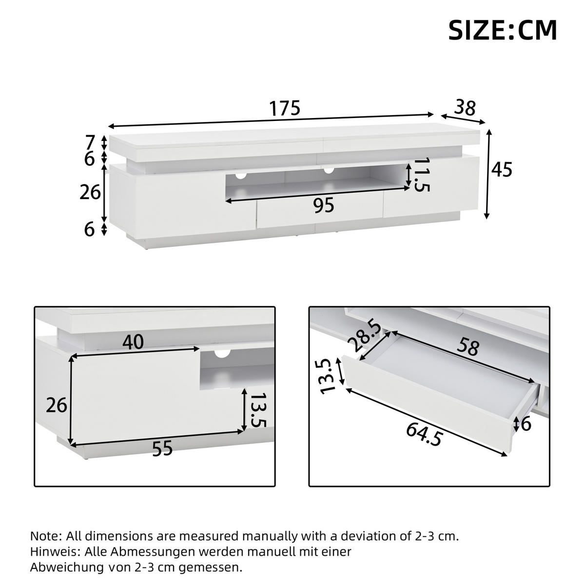 STAND-LOWBOARD 175/38/45 cm mit LED und 2 Türen, 1 Schublade - Weiß, Holzwerkstoff (175/45/38cm) - BEAOK
