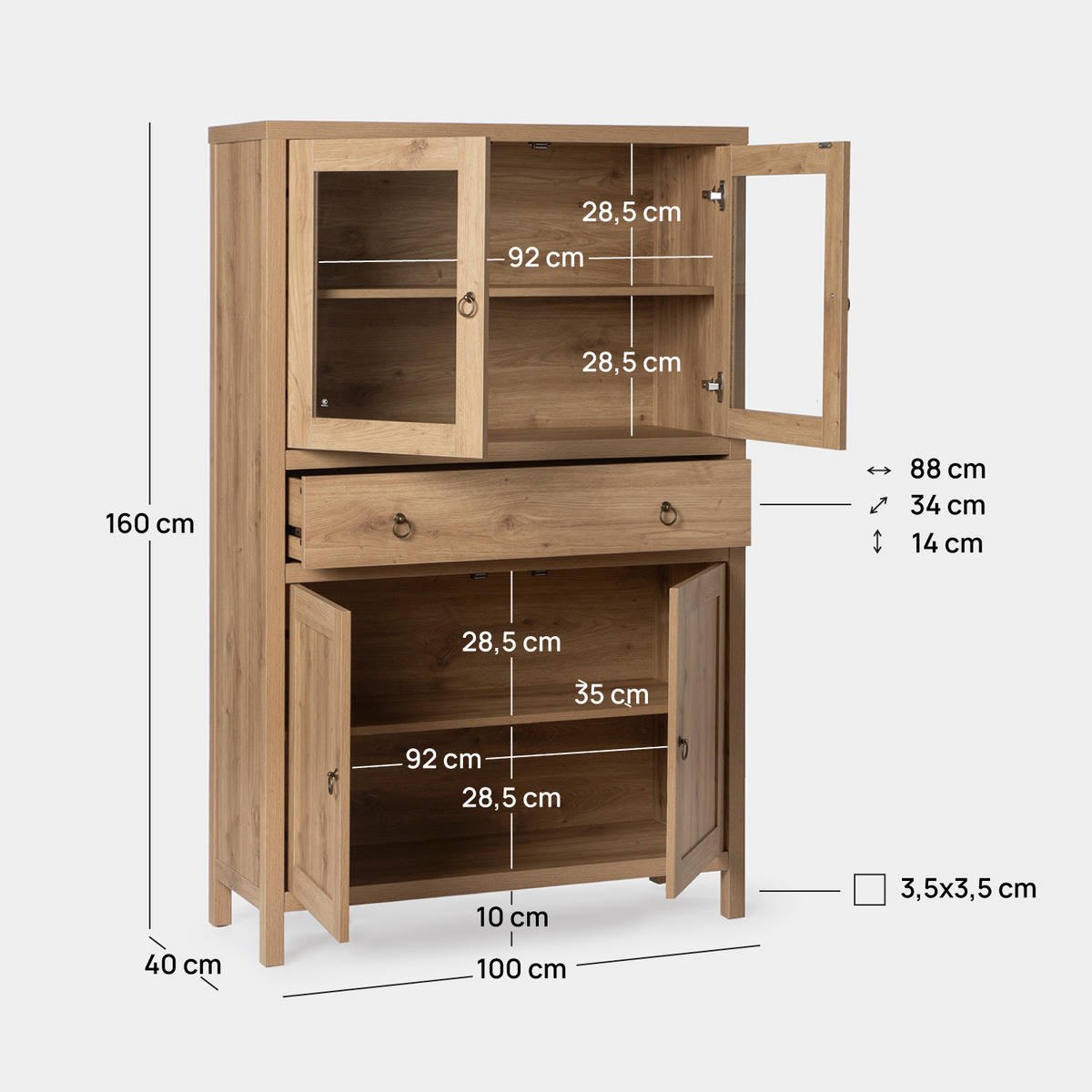 VITRINENSCHRANK DOPPELTER Livorno Natürlich 100 cm x 160 cm - Naturfarben, Holzwerkstoff (100/160/40cm) - Klast Home