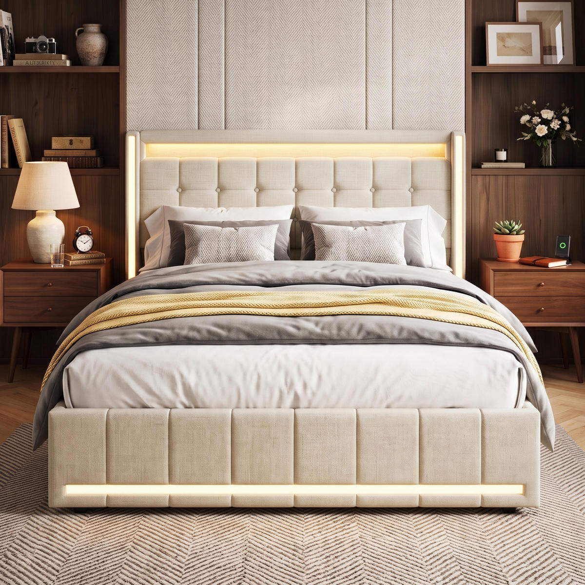 POLSTERBETT Geometrisch 140/200 cm mit 4 Schubladen & App-LED Leinenoptik Beige - Beige, Textil (140/200cm) - Creahappy