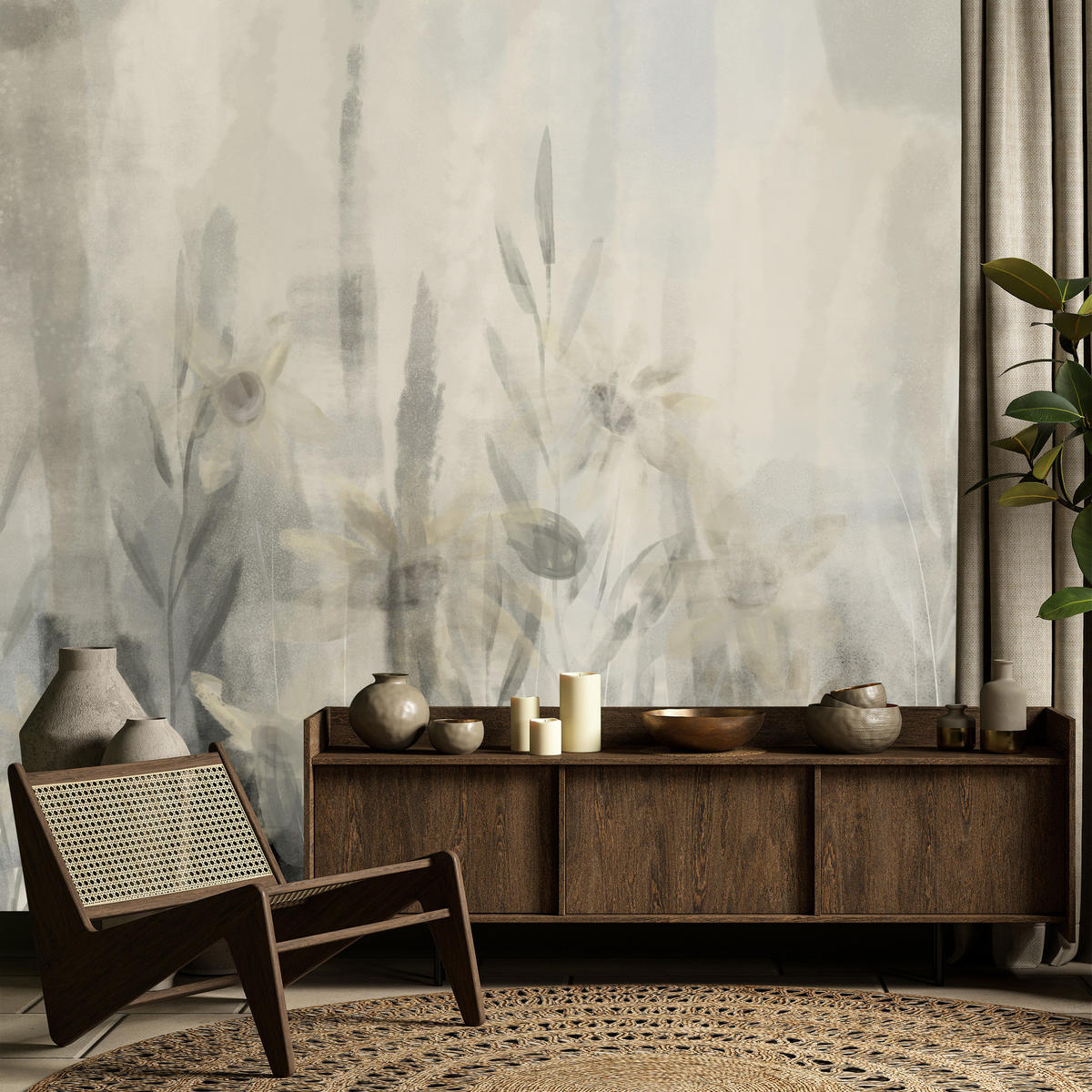 FOTOTAPETE Aquarell Blumen Blätter Abstraktion Vintage 250x175 - Beige/Grau, Papier (250/175cm) - Muralo