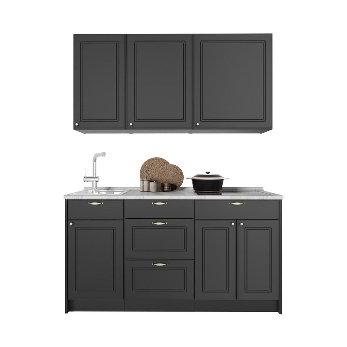 SINGLEKÜCHE Fame-Line, Anthrazit-Gold Landhaus/Anthrazit, 150 cm, AP Marmor - Anthrazit, Holzwerkstoff (150/82/60cm) - Vicco