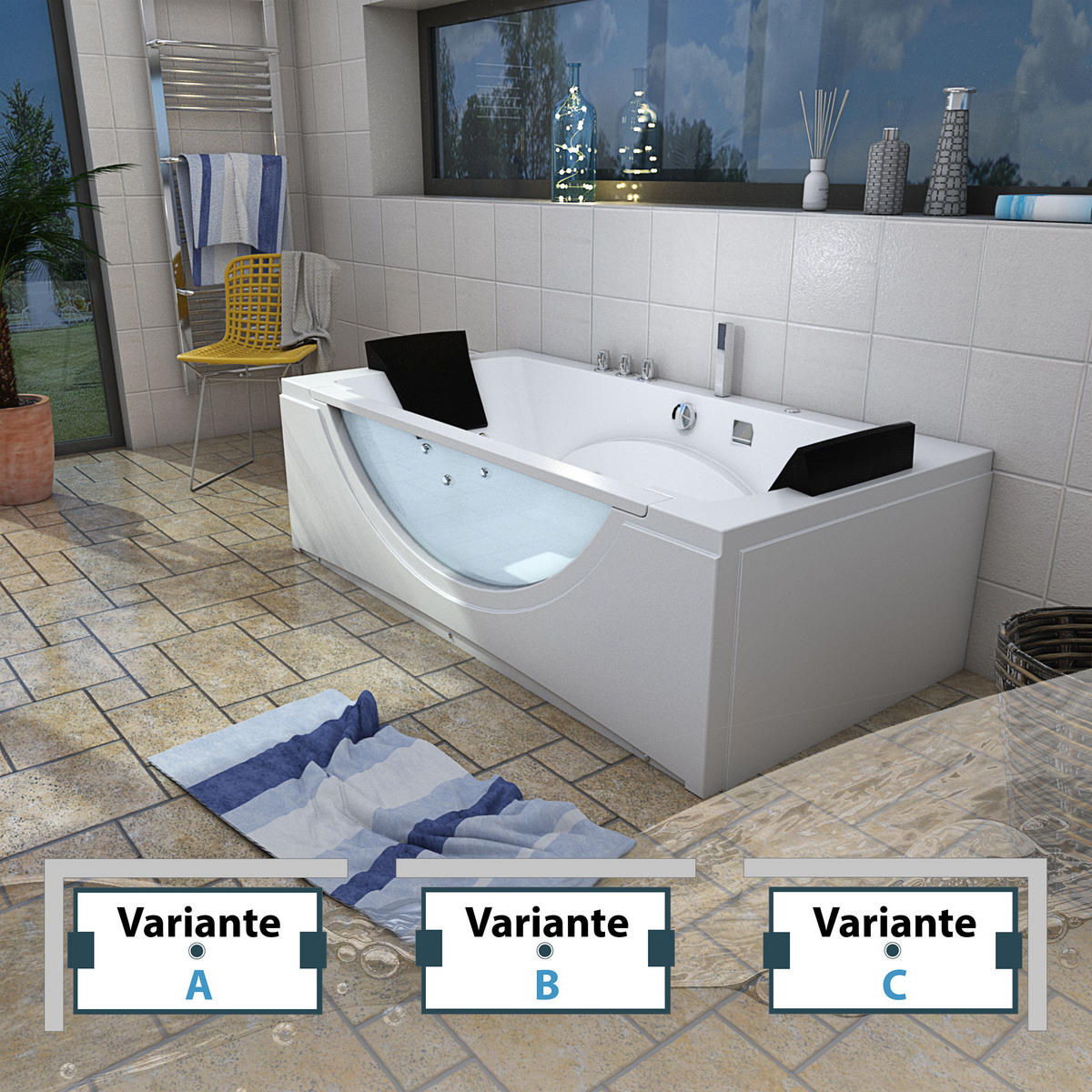 WHIRLPOOL Pool Badewanne Wanne W81-TH-B 180x90cm - Weiß, Glas/Kunststoff (90/55/180cm) - AcquaVapore by Sandra Jentho