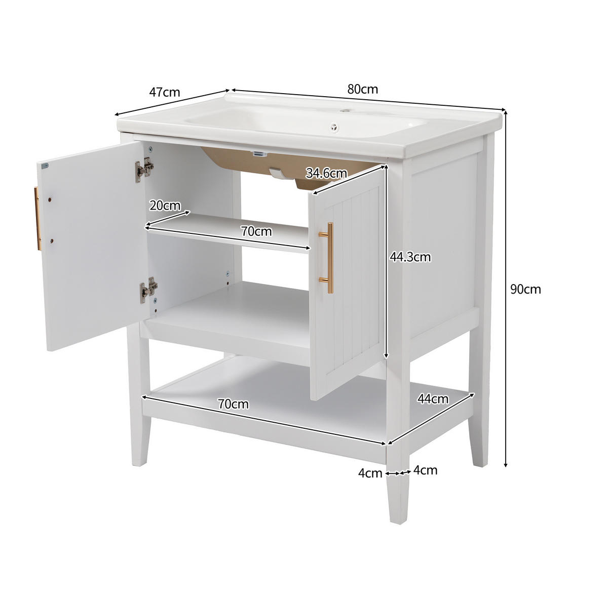 WASCHTISCH mit Unterschrank aus MDF 80x47x89 cm in Weiß, bodenstehend, pflegeleicht und mit Keramikbecken - Weiß, Holzwerkstoff (80/89/47cm) - Modfu