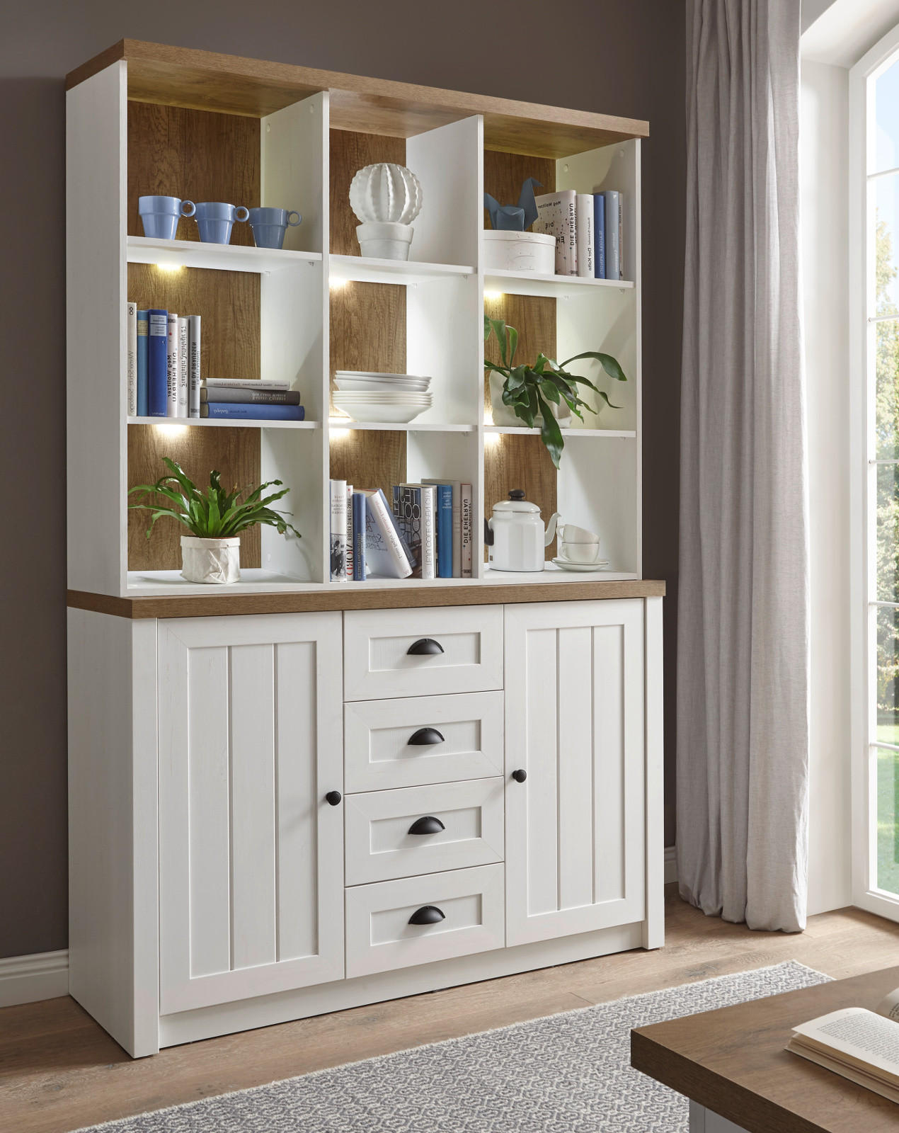 BUFFETSCHRANK weiß Pinie, Eiche hell Landhaus, Buffet 130 x 198 cm - Eichefarben/Schwarz, Holzwerkstoff/Metall (130/198/43cm) - Furn.Design