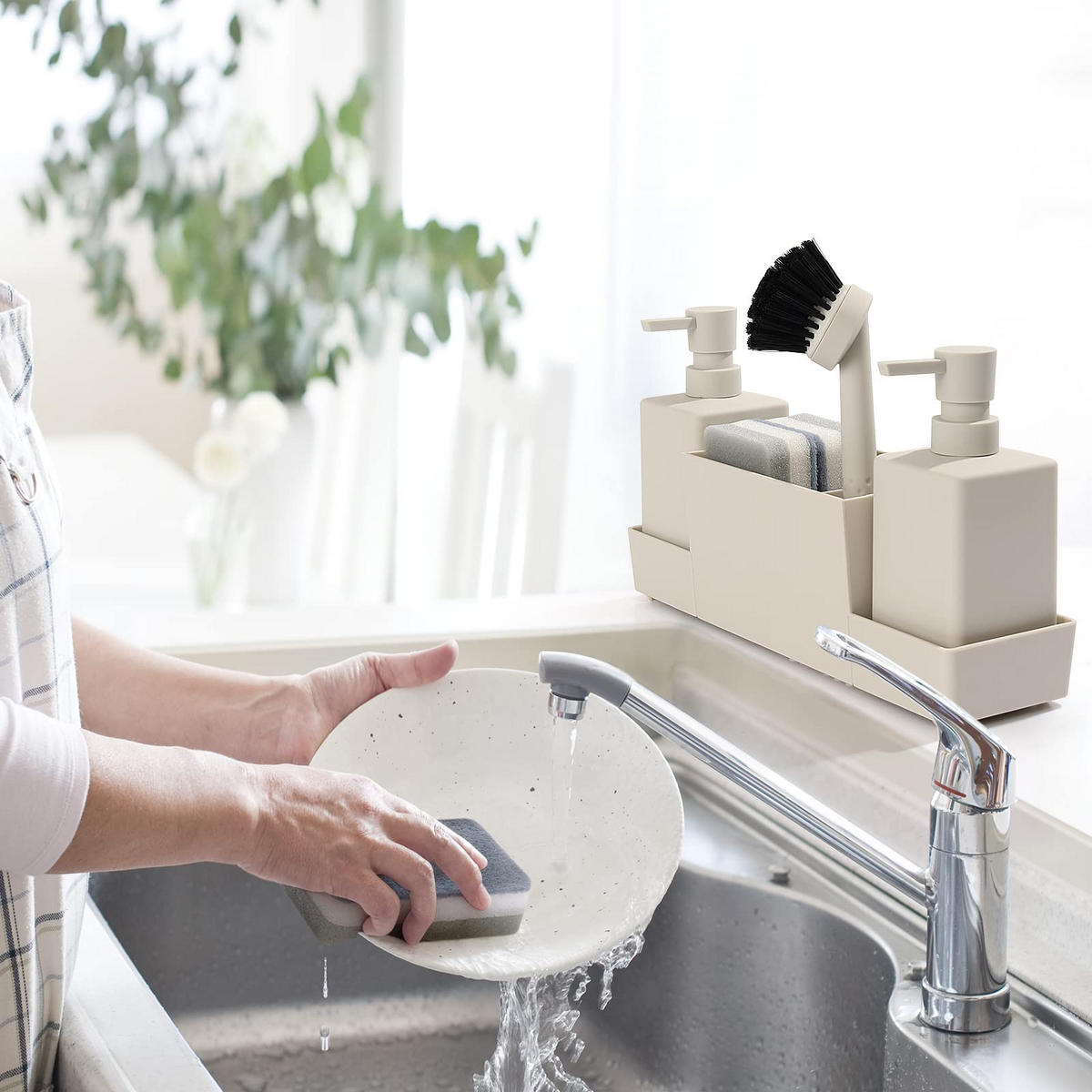 SINK ORGANIZER Kunststoff Seifenspender mit Schwammhalter Schwämme Ablage - Ecru, Kunststoff (30.9/10/9.3cm)