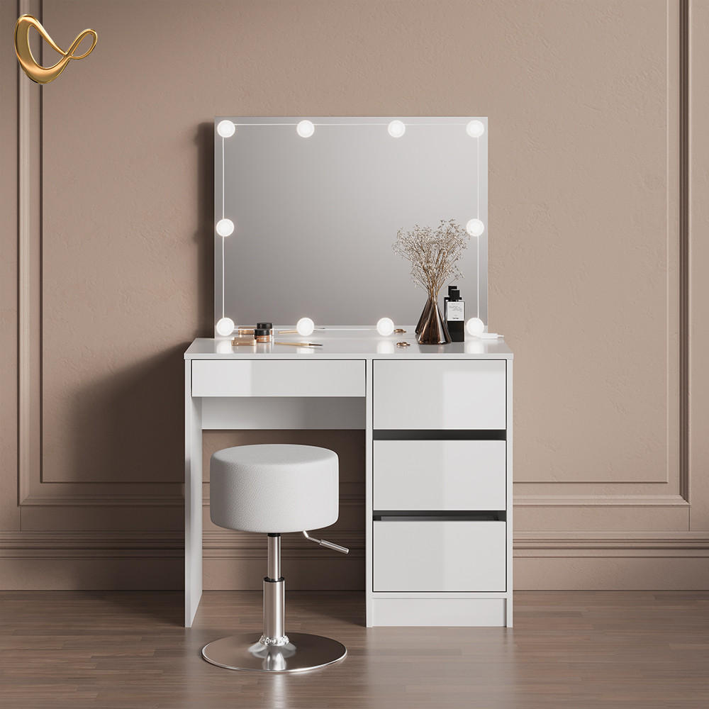 SCHMINKTISCH Imola Weiß mit LED Beleuchtung und Hocker - Weiß, Holzwerkstoff (90/75/40cm) - Livinity®